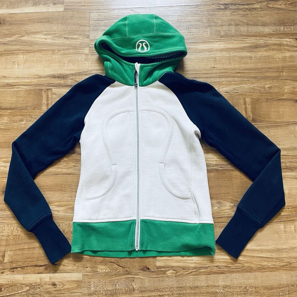 Rare VTG Lululemon Womens Sz 6 Scuba Zip Hoodie White Green Blue Outdoor 2013 S